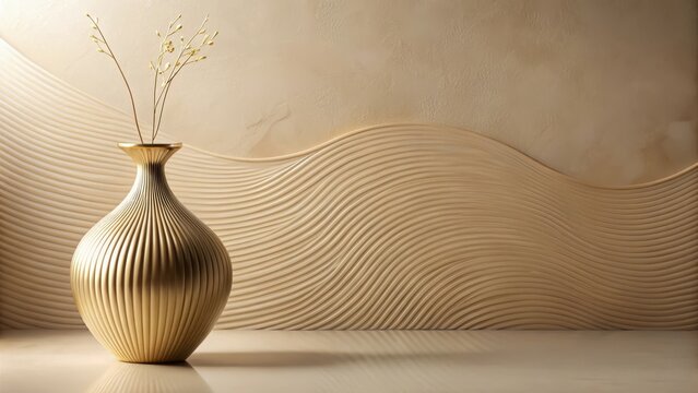 Elegant gold vase with dried floral arrangement displayed against a beige undulating wall panel
