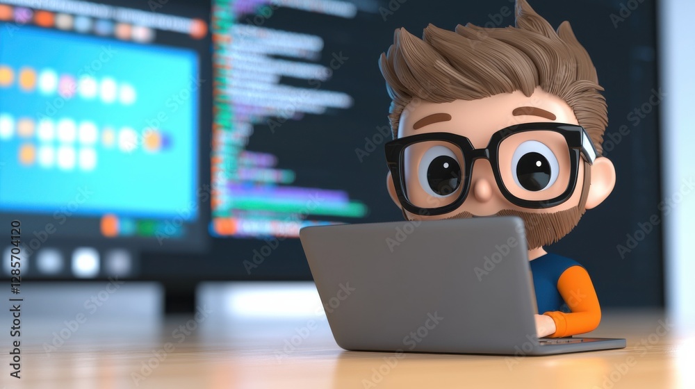 Poster focused computer workspace with laptop for digital analytics and programming