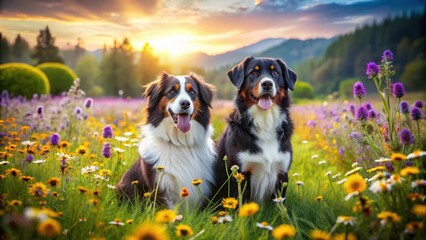 Obraz premium Two fluffy canines happily pose amidst a vibrant meadow of wildflowers bathed in the golden light of a setting sun.