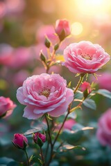 A bunch of pink roses in a field of flowers
