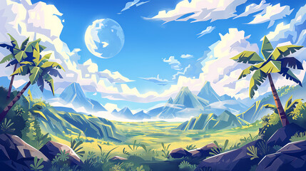 Cartoon landscape with palm trees and mountains creates a tranquil scene under a bright sky with a prominent moon For use in digital art and backgrounds.