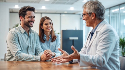 Young Couple Consulting Family Doctor for Pregnancy Planning and Health Checkup in Clinic