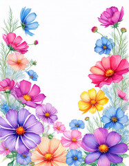Watercolor cosmos flowers on white. Vibrant floral illustration, essence of spring and summer