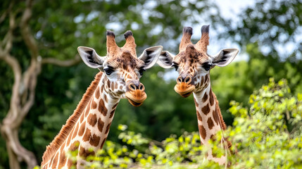 Obraz premium Pair of Giraffes Gracefully Posing in Lush Green African Savannah : Generative AI