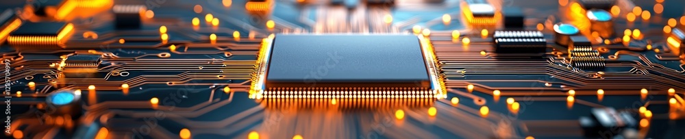Fototapete Close-Up View of Circuit Board with Microchip and LED Lights