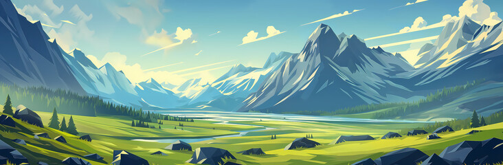 A serene mountain valley with a green meadow and distant peaks under a clear sky creates a peaceful atmosphere Perfect for travel and landscape projects.