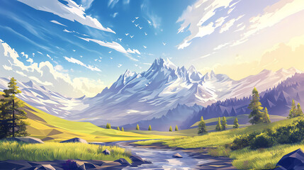 A picturesque mountain landscape features snow-capped peaks, a gentle river flowing through a grassy meadow, and a bright blue sky, perfect for travel or nature themes.
