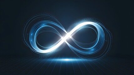 Company mission abstract: A glowing infinity symbol intertwined with light trails, representing a company's limitless potential and enduring vision.