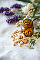 Herbal Supplements and Flowers on Rustic Light Wood Surface : Generative AI