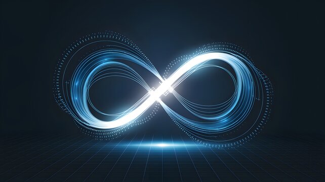 Company mission abstract: A glowing infinity symbol intertwined with light trails, representing a company's limitless potential and enduring vision.