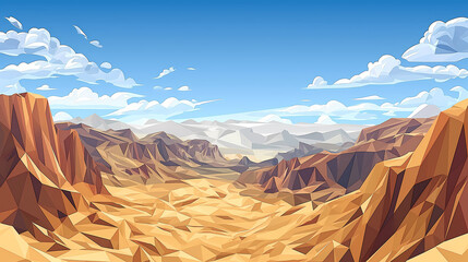 Cartoon desert canyon illustration featuring brown mountains under a blue sky with puffy clouds, rendered in a low polygon geometric style Ideal for backgrounds and design projects.