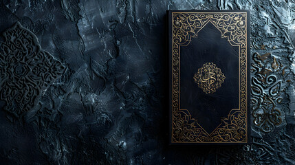 Ornate dark book with intricate gold patterns resting on a textured stone surface