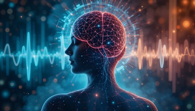 A person practicing meditation with a brainwave visualization overlay. 