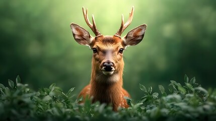 Fototapeta premium Deer Standing Peacefully in Lush Green Forest Representing Wildlife Conservation and Harmony with Nature Copy Space Included for Text Overlay