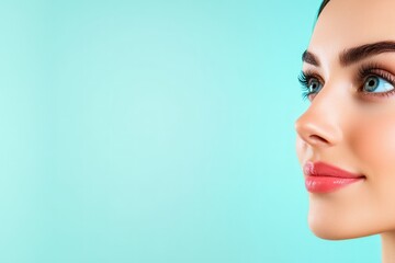 Fototapeta premium Beautiful Woman Profile Close up Shot Against Turquoise Background Perfect for Beauty Skincare Cosmetics Advertising