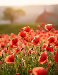 Obraz premium Field of red poppies blooming in spring or summer, soft blurred background. Floral meadow landscape