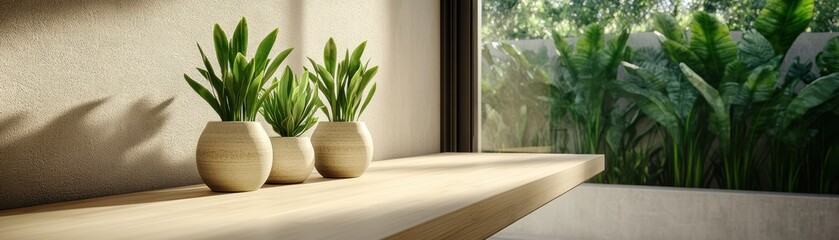 Three plants in minimalist pots, window view.