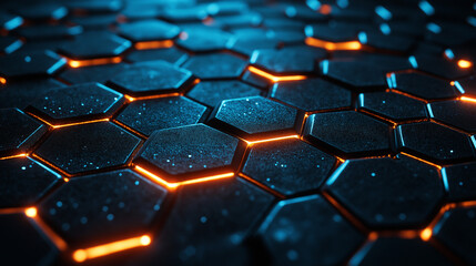 Obraz premium Illuminated Hexagonal Matrix: A network of dark blue hexagons interconnected with vibrant blue and orange lights creates an abstract technological design.