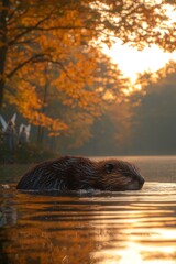 A beaver swimming in a body of water with trees in the background