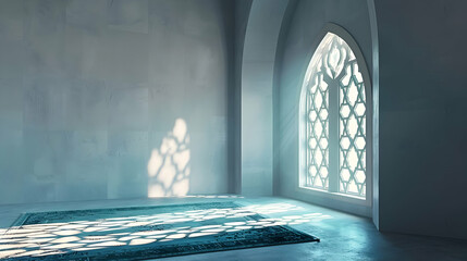 Obraz premium Serene interior of a sunlit room with intricate window designs and a soft rug casting shadows