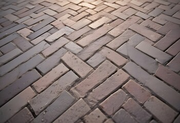 A patterned brick or stone pavement, with the bricks arranged in a diagonal herringbone pattern