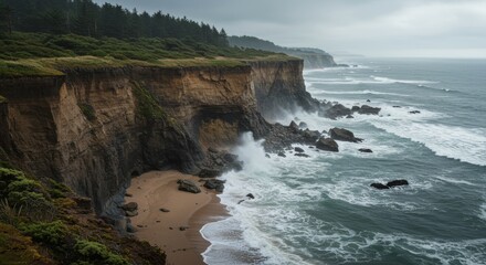 Dramatic coastal erosion landscape, cliffside with crashing waves and rugged shoreline