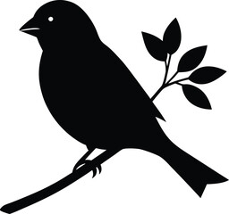 Modern illustration of a bird perched on a branch. A small sparrow sitting on a tree, hand-drawn in black against a white background. Depicting a spring nature decorative silhouette