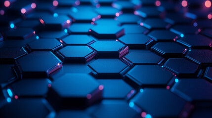 Cyber Space: A Complex Grid of Hexagonal Tiles Pulsates With a Harmonious Blend of Pink and Blue Neon Light Technology.