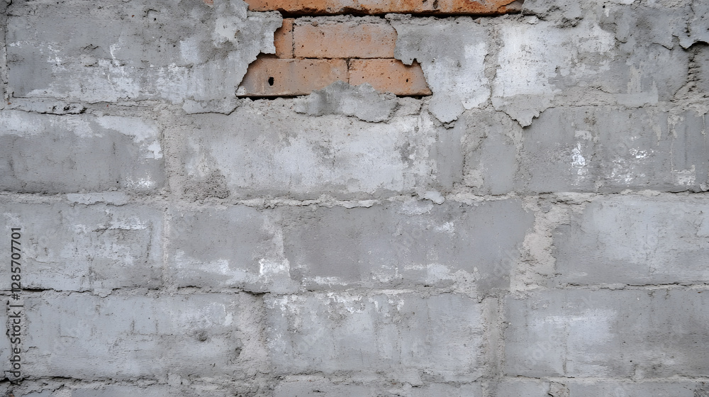 Poster gray concrete brick wall with aged weathered surface and partial red brick exposure : generative ai