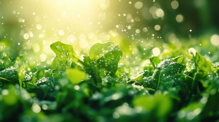 Closeup of Vibrant Green Leaves with Water Drops in Sunlight