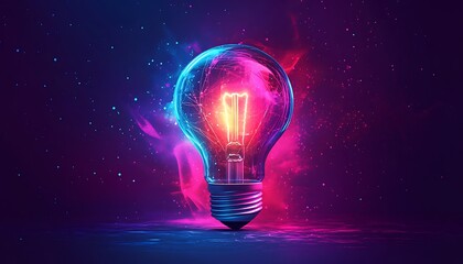 A glowing electric light bulb in space with bright colors