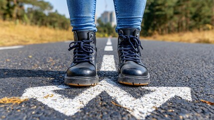 Black Leather Boots on Road with Directional Arrows