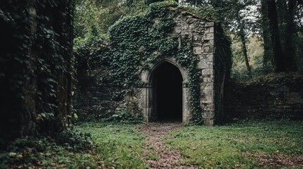 Fototapeta premium Enigmatic Stone Ruins: A Mysterious Gateway in the Verdant Forest