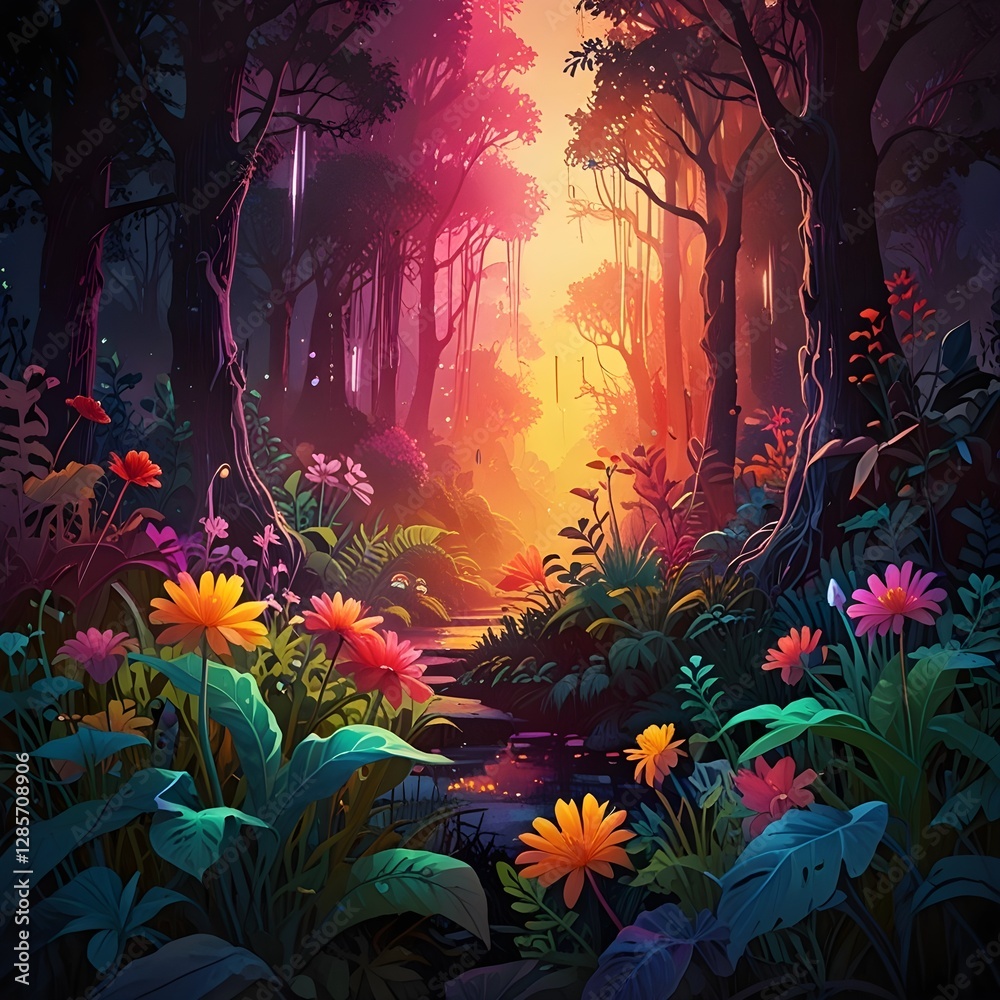 Wall mural a vibrant forest scene bathed in warm, glowing light features a path lined with lush foliage and col