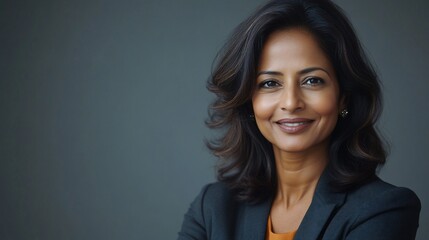 Obraz premium Confident woman smiling studio portrait, grey background, corporate headshot