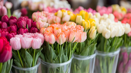 Colorful tulip bouquets in market flower display : Generative AI