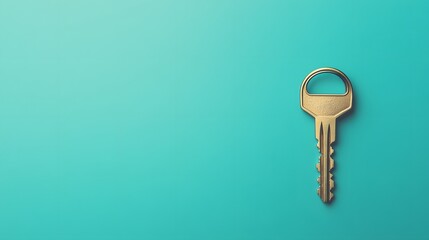 Single Gold Key on Teal Background for Security and Access Concepts