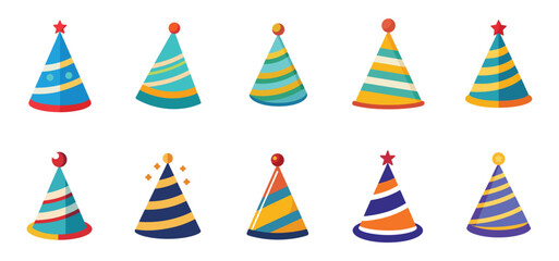 Obraz premium Birthday party hats set isolated on white background. Vector party cone hats with cute decoration.