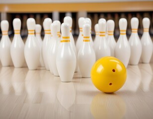 Naklejka premium A bowling ball in the center of a row of bowling pins on a blurred background