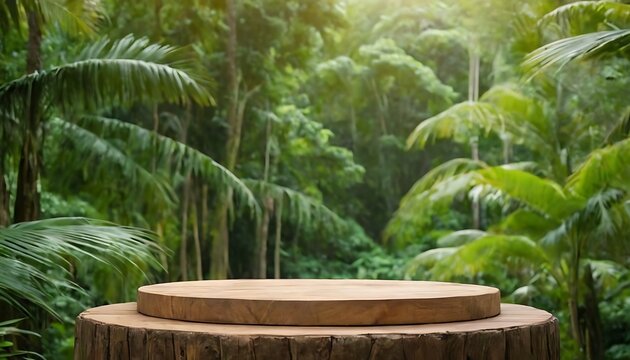 Wooden podium in tropical forest for product presentation and green background.presentation, product, tropical, green, nature, background, beautiful, environment, plant, tree, 549