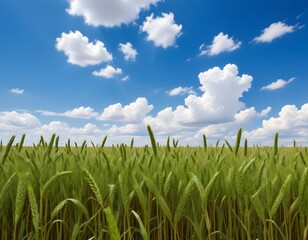 Fototapeta premium Golden wheat field with blue sky and white clouds