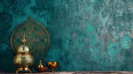 Elegant decorative scene featuring ornate golden vessels against a textured teal wall backdrop