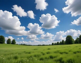 Obraz premium Lush meadow with blue sky and white clouds