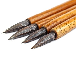 Four iron arrowheads with wooden shafts on a white surface