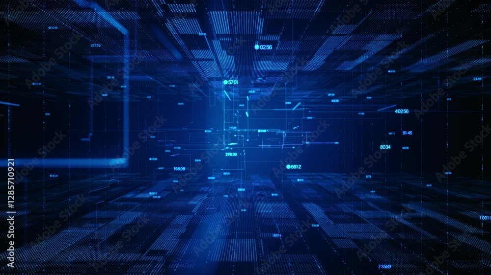Poster Futuristic Digital Data Flow With Analytics Interface and Digital Data Network Connections. Abstract Technology Digital Environment with Analytical Elements in blue tones. Seamless Loop. 4K