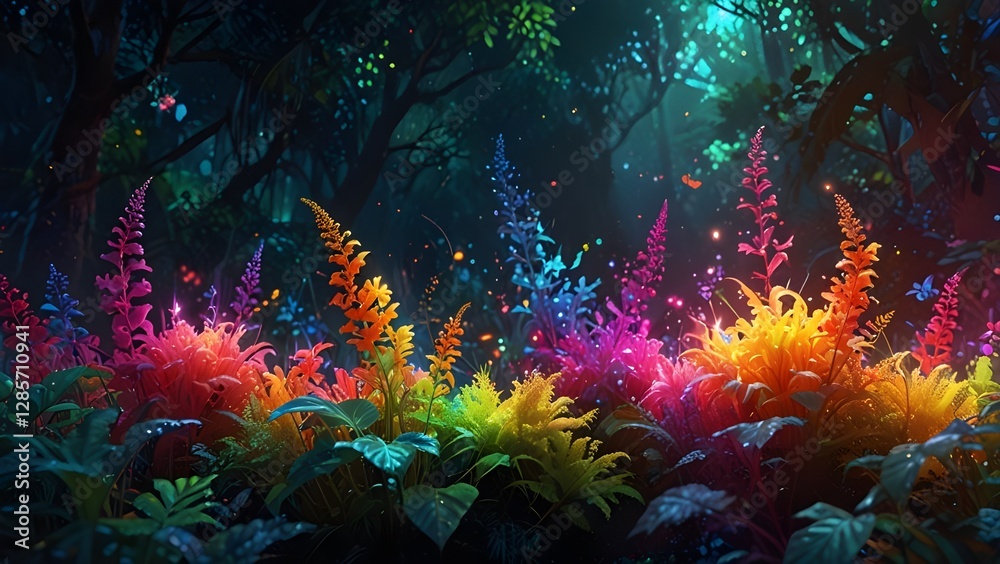 Wall mural vibrant, multicolored plants with glowing hues illuminate a dark forest, creating a magical, otherwo