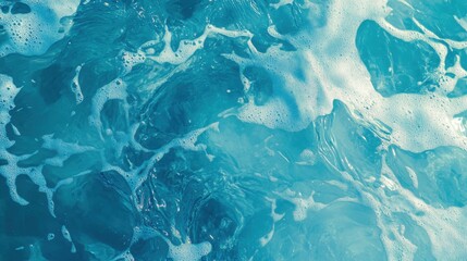 Transparent blue clear water surface texture with ripples, splashes and bubbles. Abstract summer banner background Water waves in sunlight with copy space Cosmetic moisturizer micellar toner emulsion