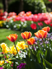 Obraz premium Vibrant Blooming Garden with Orange and Yellow Tulips in Springtime : Generative AI