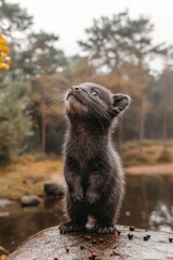 Fototapeta premium A small black animal standing on its hind legs on a rock