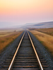 Fototapeta premium Tranquil Railway Tracks at Sunset in Open Countryside Landscape Photography : Generative AI